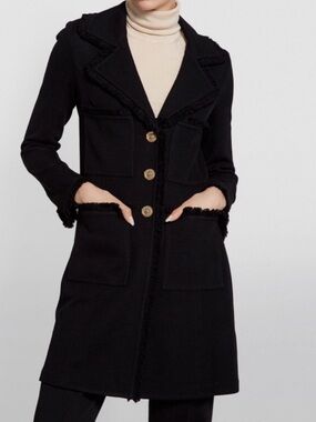 St. John Milano Pique Knit Wool Blend Pocket Fringe Topper Coat Size 16 Caviar